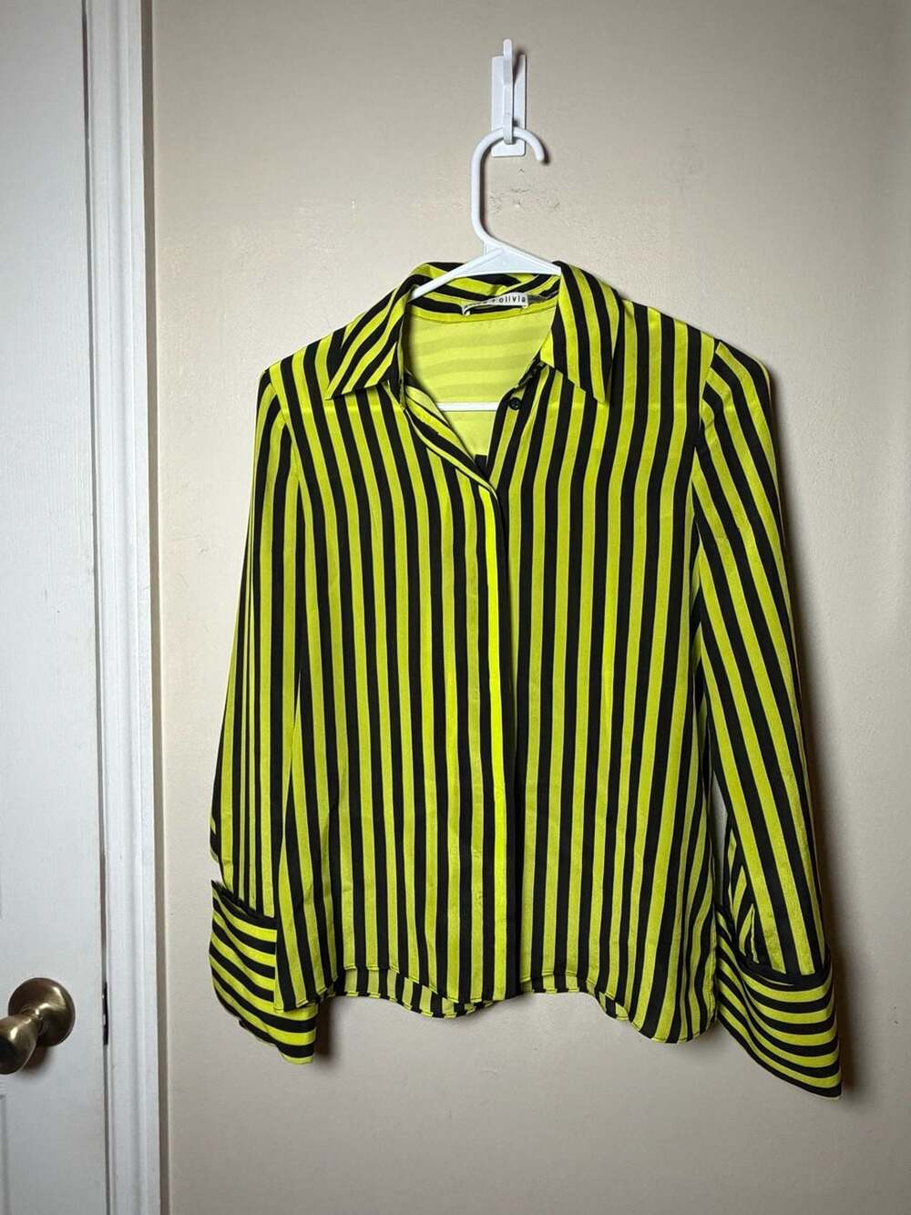 Alice + Olivia Striped Silk French Cuff Shirt Size XS Neon Yellow Black